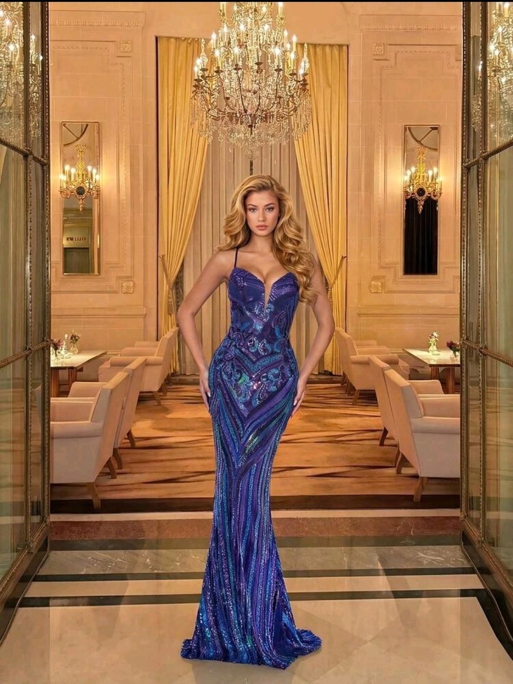 Elegant Blue Sequin Mermaid Evening Dress